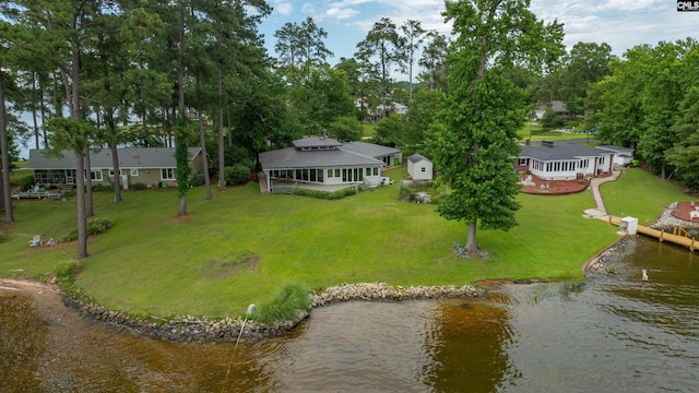 aerial view featuring a water view