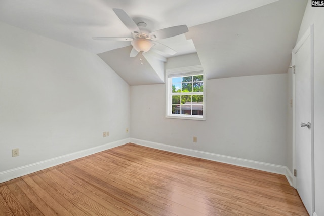 bonus room featuring vaulted ceiling, ceiling fan, and light hardwood / wood-style floors