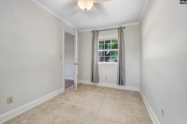 unfurnished room featuring ornamental molding and ceiling fan