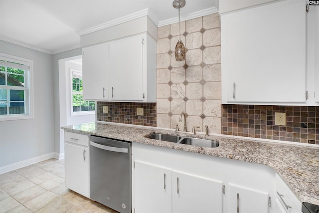 kitchen with sink, crown molding, white cabinets, and dishwasher