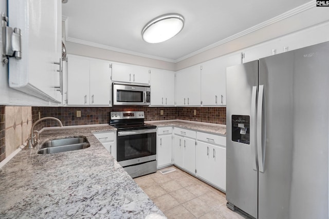 kitchen featuring sink, ornamental molding, stainless steel appliances, decorative backsplash, and white cabinets