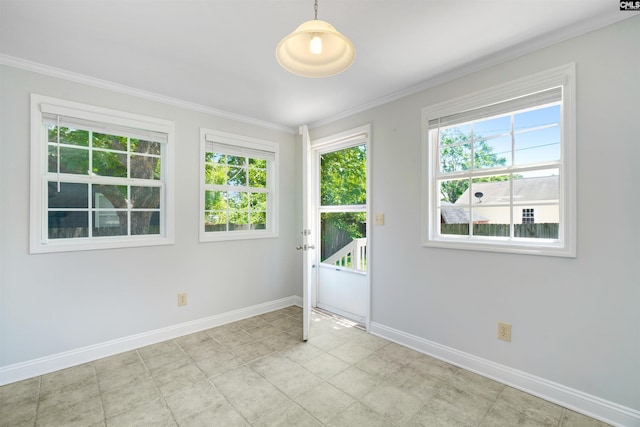 doorway to outside with crown molding