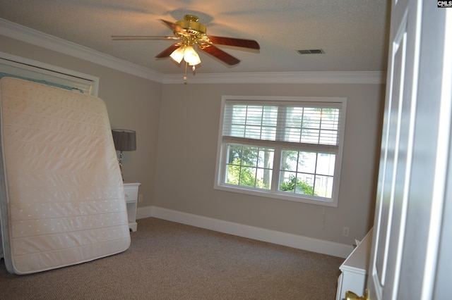 interior space featuring crown molding, carpet floors, and a textured ceiling