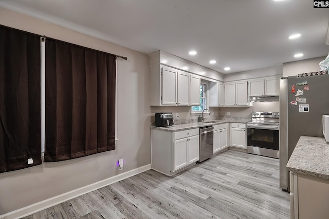 kitchen featuring white cabinets, sink, light stone countertops, light wood-type flooring, and stainless steel appliances