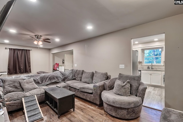 living room featuring ceiling fan, light wood-type flooring, and sink