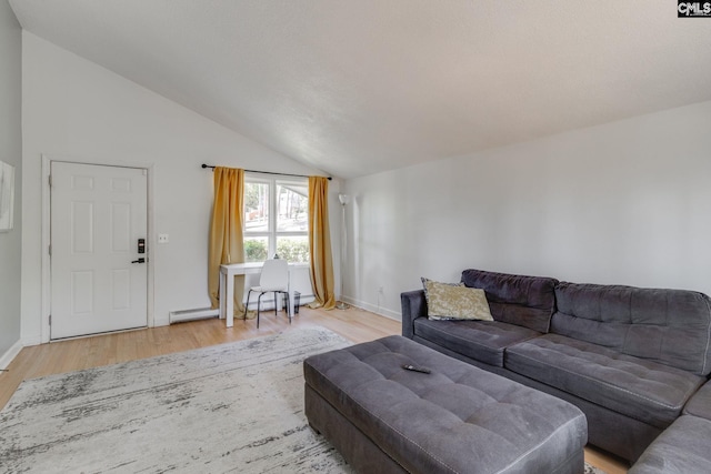 living room featuring lofted ceiling, a baseboard radiator, and hardwood / wood-style floors