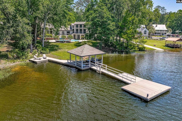 view of dock featuring a water view and a gazebo