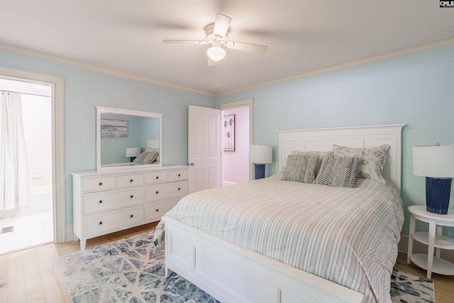 bedroom with ceiling fan, ensuite bathroom, light hardwood / wood-style flooring, and ornamental molding