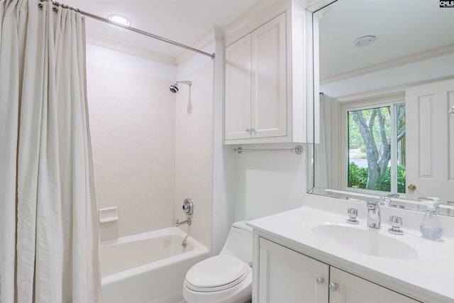 full bathroom with ornamental molding, toilet, vanity, and shower / tub combo with curtain