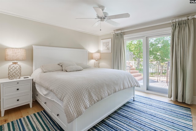 bedroom with ceiling fan, light hardwood / wood-style floors, access to exterior, and ornamental molding