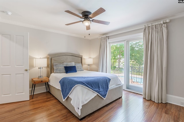 bedroom with crown molding, access to outside, hardwood / wood-style floors, and ceiling fan