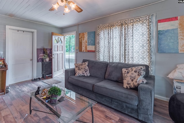 living area with wood ceiling, ceiling fan, and wood finished floors