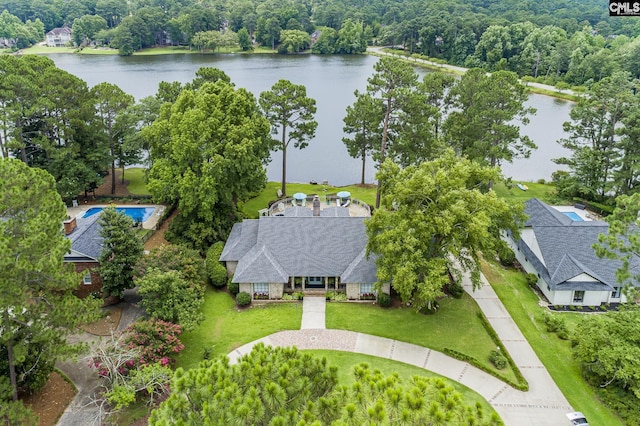 drone / aerial view with a water view