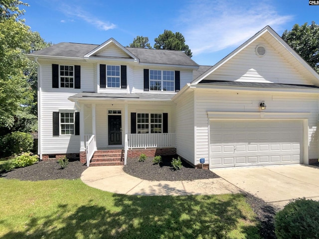 view of front facade with a garage, crawl space, a porch, and concrete driveway