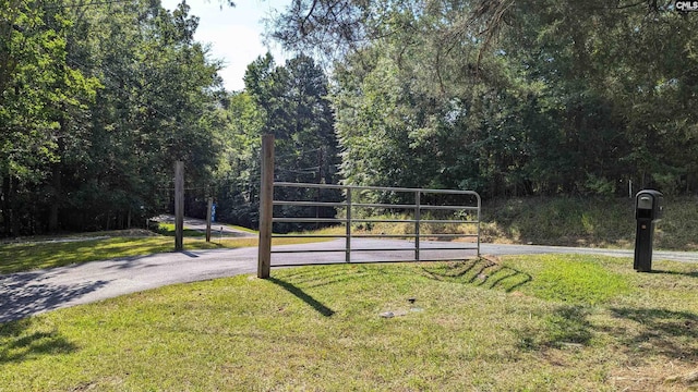 surrounding community with a gate and a lawn