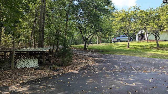 view of road featuring a pole building and aphalt driveway