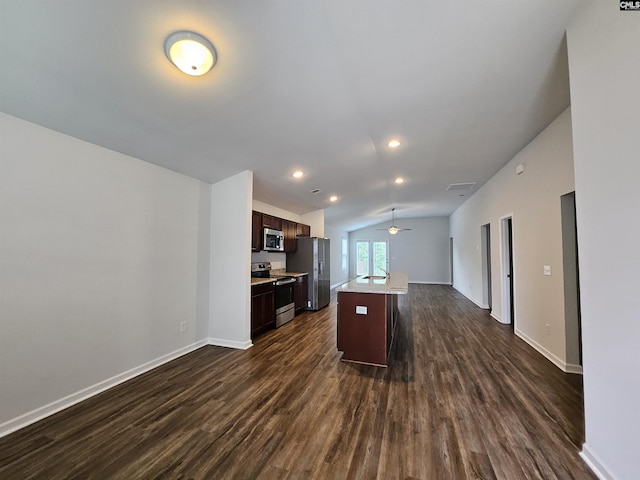 unfurnished living room with dark hardwood / wood-style flooring, ceiling fan, and lofted ceiling