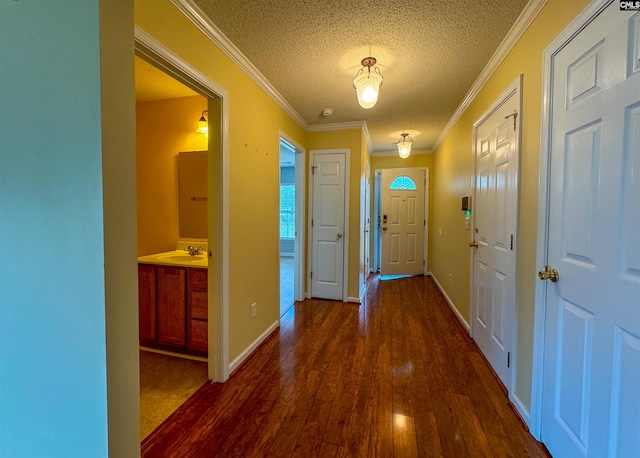 corridor with ornamental molding, sink, dark hardwood / wood-style flooring, and a textured ceiling