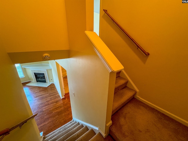 staircase with a fireplace and dark hardwood / wood-style flooring