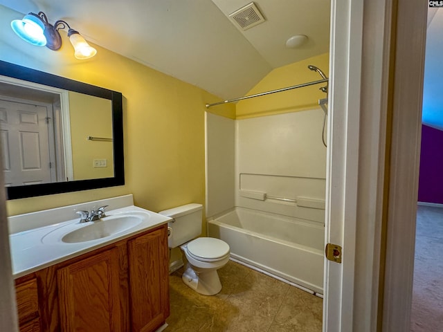 full bathroom featuring shower / bath combination, vaulted ceiling, tile patterned flooring, toilet, and vanity