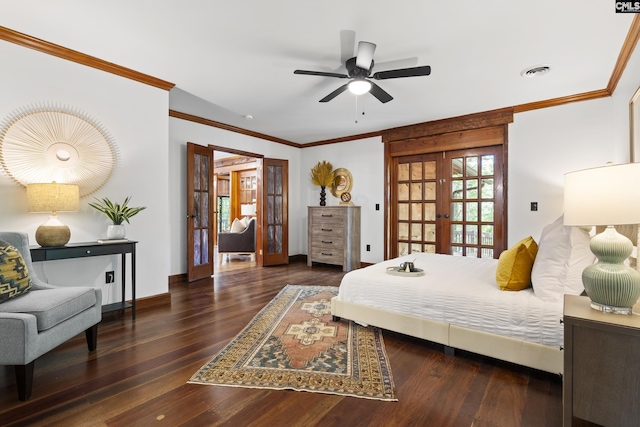 bedroom with crown molding, ceiling fan, french doors, and dark wood-type flooring