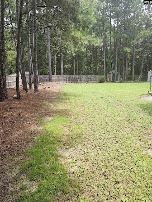 view of yard with a storage unit, an outdoor structure, and a fenced backyard