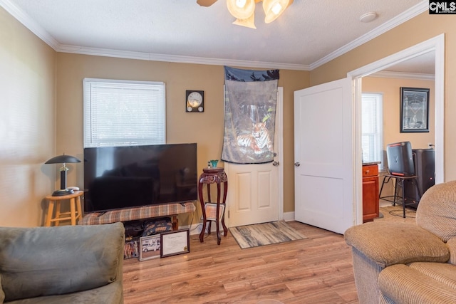 living room featuring wood-type flooring and crown molding