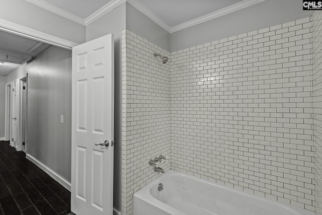 bathroom featuring crown molding, tiled shower / bath, and hardwood / wood-style flooring