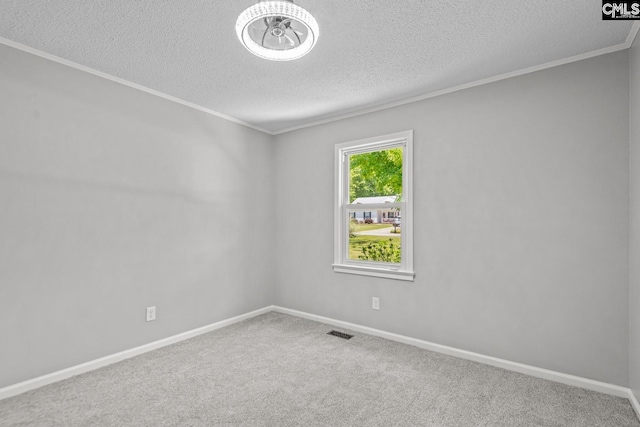 carpeted empty room featuring crown molding and a textured ceiling