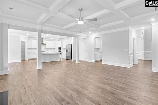 unfurnished living room featuring visible vents, coffered ceiling, beam ceiling, light wood-style flooring, and ceiling fan