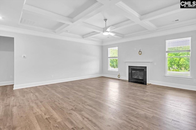 unfurnished living room with a fireplace with flush hearth, wood finished floors, and a ceiling fan