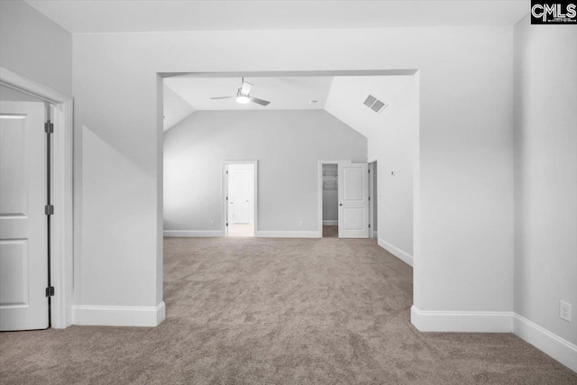 bonus room with visible vents, carpet floors, lofted ceiling, and ceiling fan