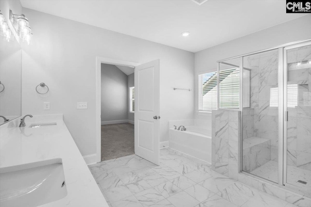 bathroom featuring a sink, a marble finish shower, marble finish floor, and a bath