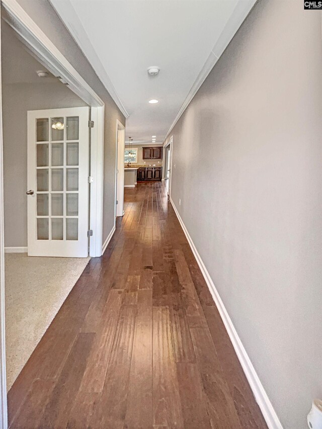 corridor featuring dark wood-type flooring and crown molding