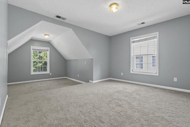 bonus room featuring lofted ceiling, carpet flooring, and a textured ceiling