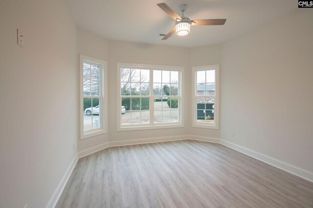 unfurnished room with light hardwood / wood-style floors, a wealth of natural light, and ceiling fan