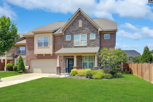 craftsman inspired home featuring a garage, brick siding, fence, concrete driveway, and a front yard