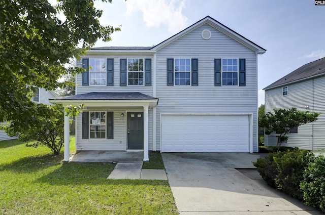 front facade with a garage, a front yard, and a porch