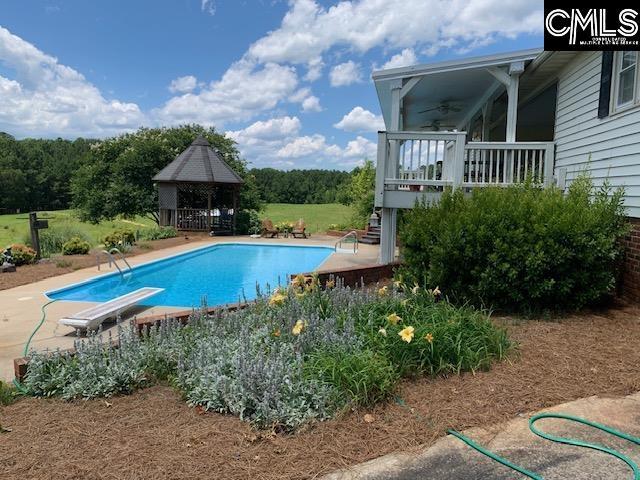 view of swimming pool with ceiling fan, a gazebo, and a diving board