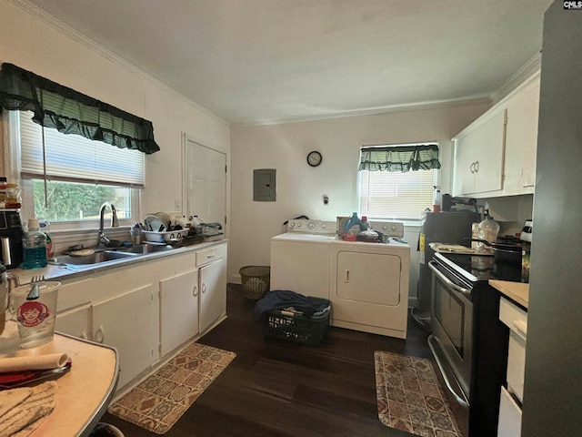 kitchen with sink, dark hardwood / wood-style floors, white cabinetry, separate washer and dryer, and electric range