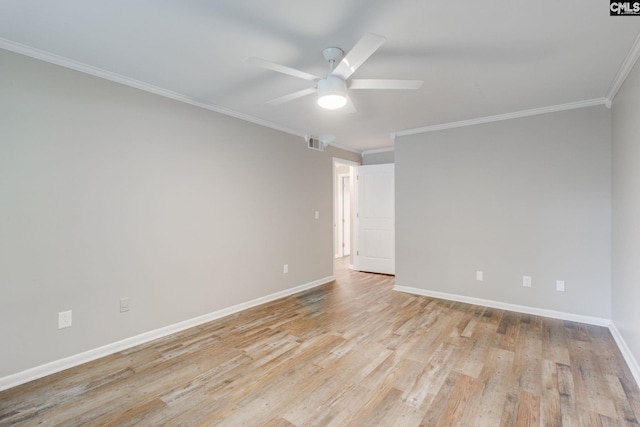 unfurnished room with ceiling fan, ornamental molding, and light hardwood / wood-style flooring