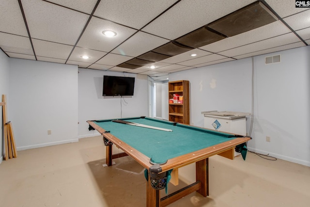 rec room with billiards and a drop ceiling