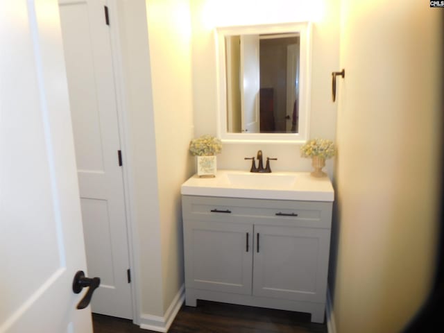 bathroom with vanity and wood-type flooring