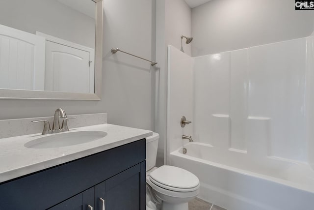 full bathroom with shower / bathtub combination, tile patterned floors, toilet, and vanity