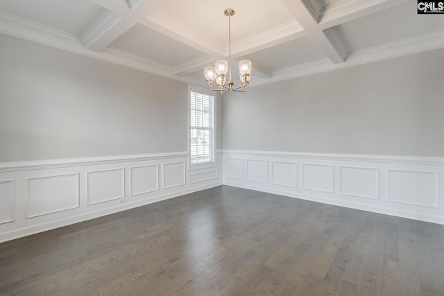 unfurnished room with a notable chandelier, beam ceiling, dark wood-type flooring, and crown molding