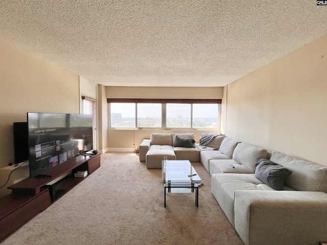 living room featuring carpet flooring and a textured ceiling