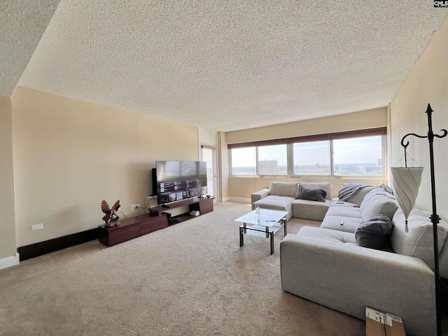 living room with light colored carpet and a textured ceiling