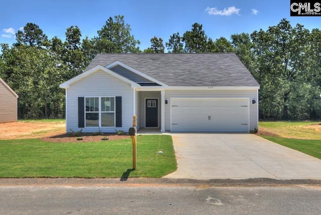 ranch-style house with a garage and a front lawn