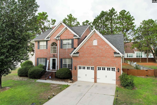 view of front of home with a garage and a front lawn