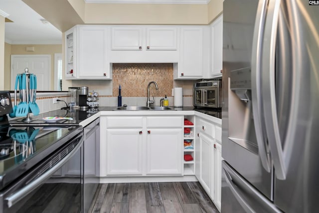 kitchen with decorative backsplash, stainless steel fridge with ice dispenser, black electric range oven, sink, and dark wood-type flooring